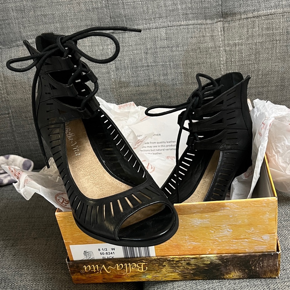 Bella Vita Black Lace-Up Peep Toe Heels